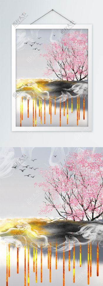 新中式桃花山水客厅装饰画