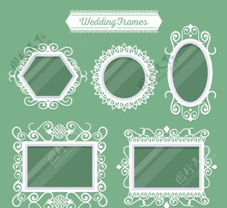 5款白色花纹婚礼镜框矢量图
