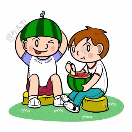 卡通儿童夏天开心吃西瓜png透明底