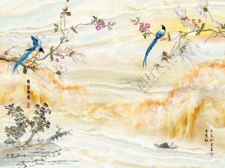 新中式大理石纹花鸟背景墙