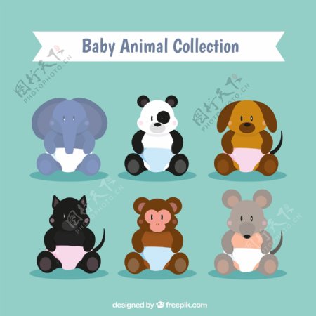 6款坐姿动物宝宝矢量素材