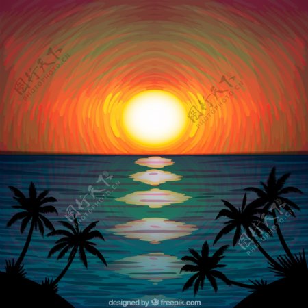 创意海边日落和椰子树风景