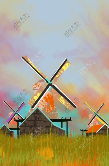 荷兰风车油画风世界地标建筑