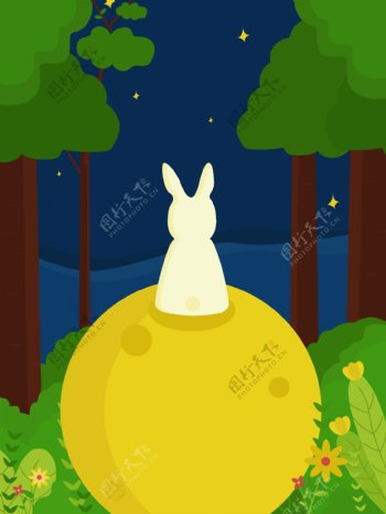 原创树林里坐在月亮上的小兔子