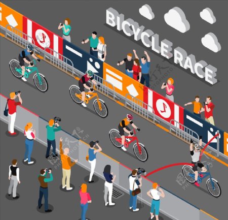 等距扁平化自行车比赛主题插画