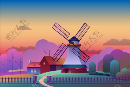 卡通荷兰风车插画