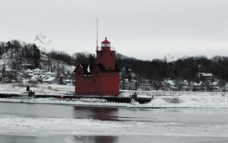 灯塔冬天密歇根航海景观