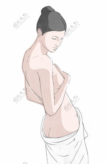 半裸美女浴巾插画