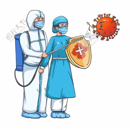 医护人员战胜病毒卡通可爱手绘