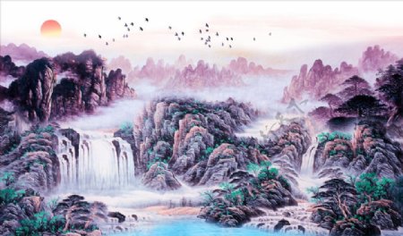 新中式意境国画山水风景电视背景