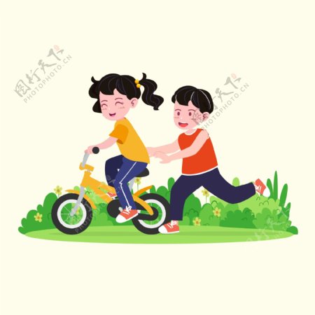 骑单车打闹玩耍的儿童人物元素