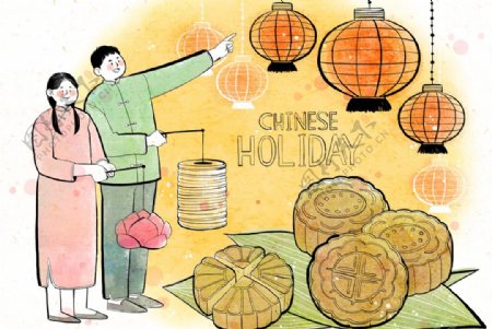 中国中秋月饼传统插画