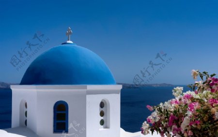 海边蓝白建筑伊亚希腊拱顶