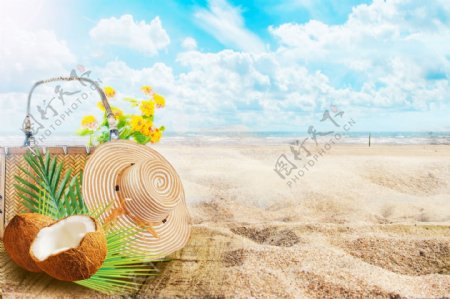 沙滩海洋天空蓝色草夏天素材背景