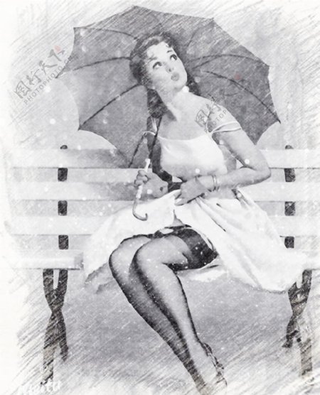 坐在长椅上撑伞的女孩剪影