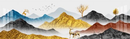 新中式手绘金色山水麋鹿装饰画