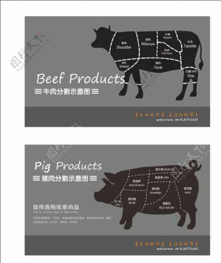 矢量猪肉牛肉分割图