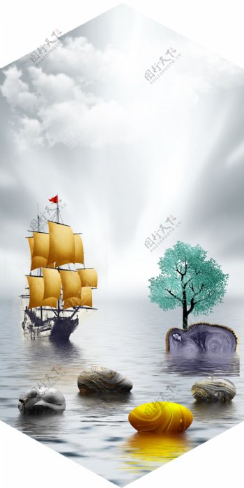 新中式帆船石头风景装饰画
