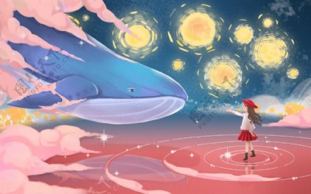 鯨魚夢幻人物插畫合成背景素材