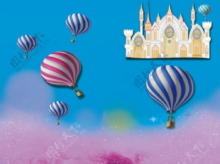 儿童城堡梦幻背景热气球