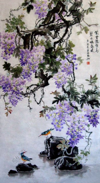 翠鸟油画紫色花