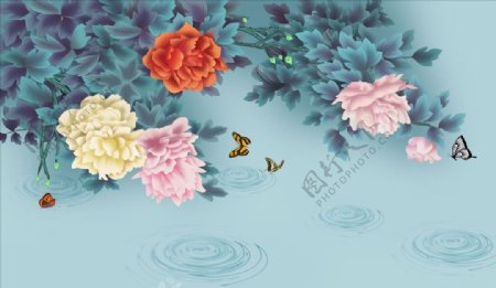 花鸟画牡丹背景墙