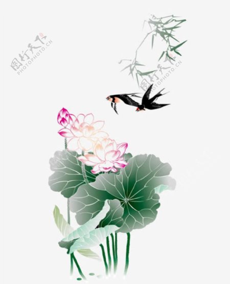 中国风荷花燕子装饰画图片