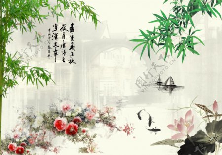 简约中式国画山水背景墙图片