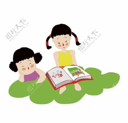 手绘正在读书的小女孩图片