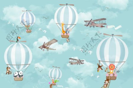 卡通气球复古飞机动物飞行彩绘图图片