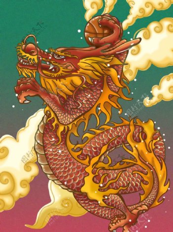 中国风打篮的龙插画图片