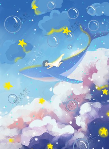 天空鲸鱼人物插画卡通海报素材图片