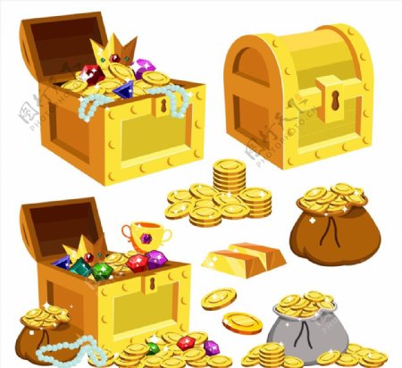 藏宝箱和金币袋子图片