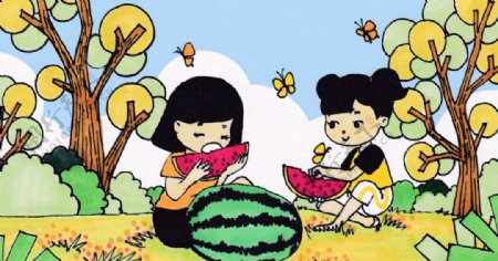 夏季吃西瓜女孩插画背景海报素材图片