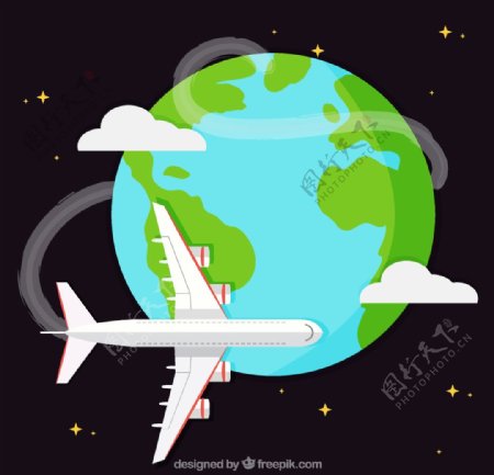 环球飞行飞机插画图片
