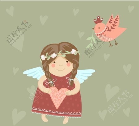 天使女孩和小鸟图片