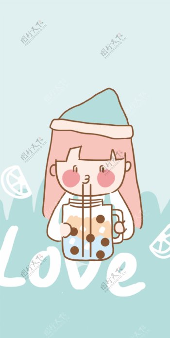 卡通女孩喝奶茶图片