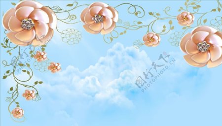 浮雕花花藤白云背景墙图片