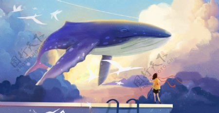 唯美清新鯨魚插畫圖片