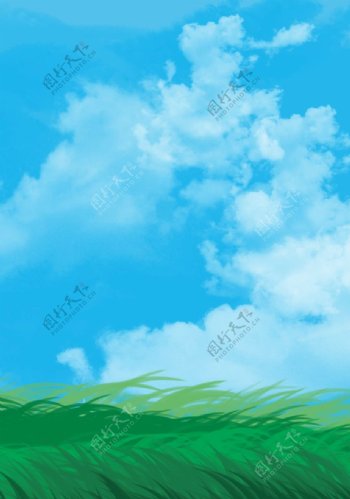 蓝天白云小草元素图片