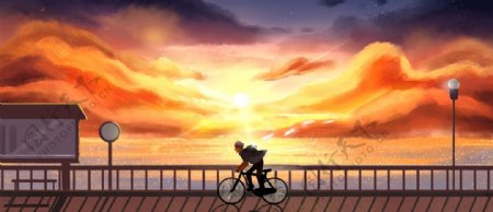 夕阳下的单车少年插画图片