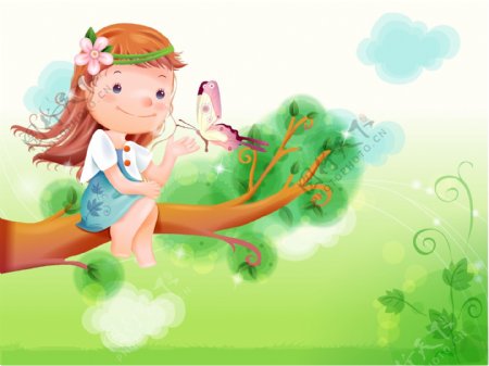 坐在树上逗蝴蝶的小女孩