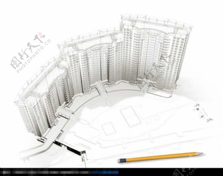 建筑图纸上的高层住宅模型和铅笔