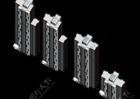四栋并排塔式高层住宅楼群3D模型