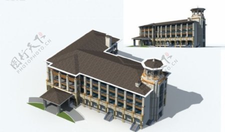 欧式古典L型风格尖顶公共建筑3D立体模型
