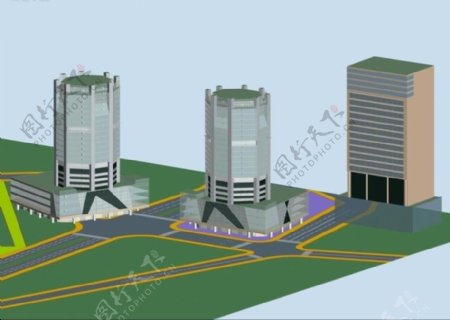 三栋现代风格公共建筑商业办公楼3D模型