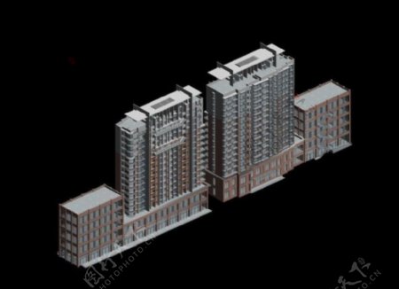 并排高层住宅建筑3D模型效果图