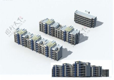 现代单体多层住宅楼群3D模型设计