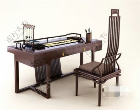 中式写字书桌椅组合3D模型素材