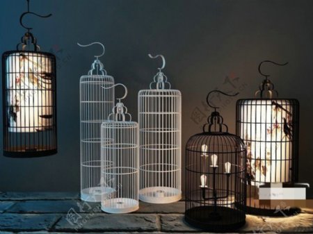 现代中式鸟笼吊灯落地灯组合3D模型素材